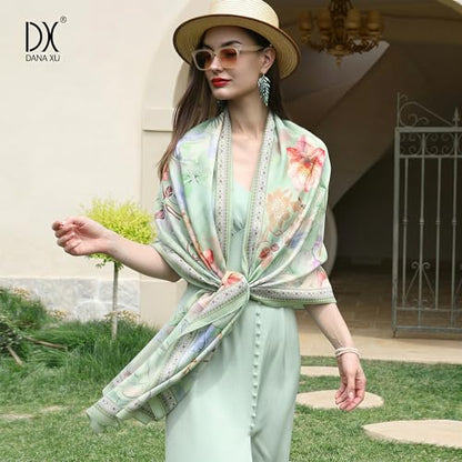 100% Mulberry Extra Large Silk Pashmina Scarf Shawls And Wraps For Women Evening Dress Summer Travel Floral Blanket - color: Light Green Floral