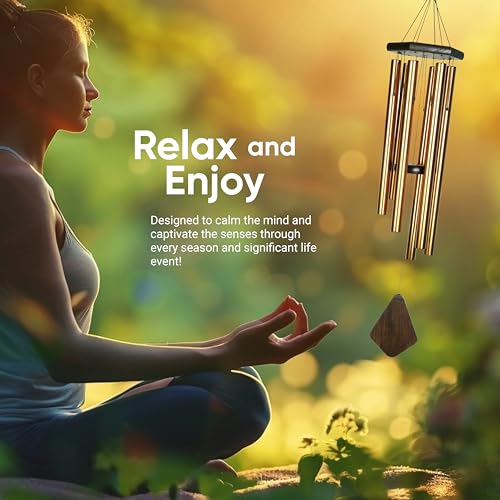 Nature’s Melody Premiere Grande Tunes Wind Chimes – Outdoor Windchime with 6 Tubes Tuned to E Pentatonic Scale, Rustproof Aluminum, Beech Wood & S Hook Hanger for Sympathy, Memorial Gift or Zen Garden