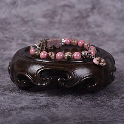 Justinstones Gem Semi Precious Gemstone Love Heart Charm Stretch Beaded Bracelet Unisex - color: Rhodonite