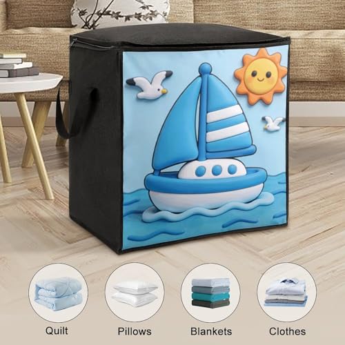 Carolina Blue White Sailing Boat Storage Bag Portable Closet Organizer Storage Bags Quilt Storage Bags with Zippered Breathable Storage Bag with Carry Handles for Blanket Pillow Bedding