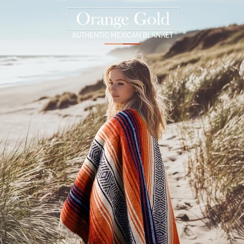 Authentic Large Handwoven Mexican Blanket - Soft Yoga- Durable Serape- Lightweight Falsa, Beach, Camping, Picnic, Outdoor Blanket 70"x50" - Orange Gold - color: Orange Gold