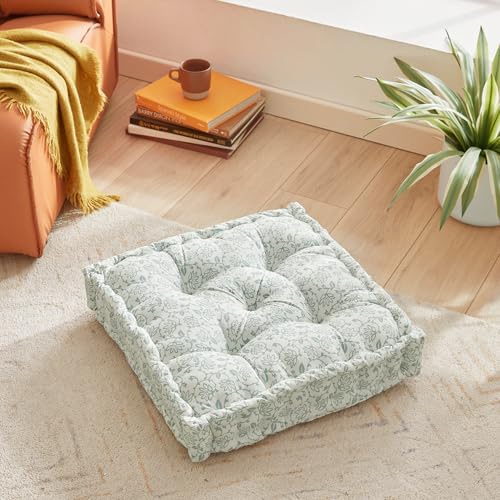 Peri Home Floor Pillow for Adults, Square, Oversized, 100% Cotton Large Floor Cushion Seating, Vine Floral Printed and Tufted, 24x24, Blue - color: Blue
