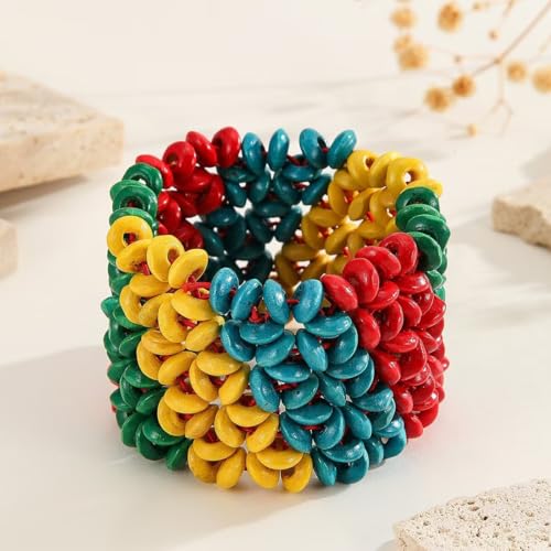 Zian Bohemian Wooden Beaded Bracelets for Women Handmade Colorful Wide Chunky Elastic Stretch Bracelets Boho Wristband Summer Beach Jewelry - color: Colorful
