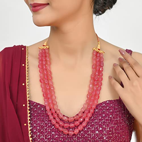Ratnavali Jewels Quartz Multi Layer Strand Mala Beads Party Wear Necklace Jewelry Women RV3415 - color: Pink