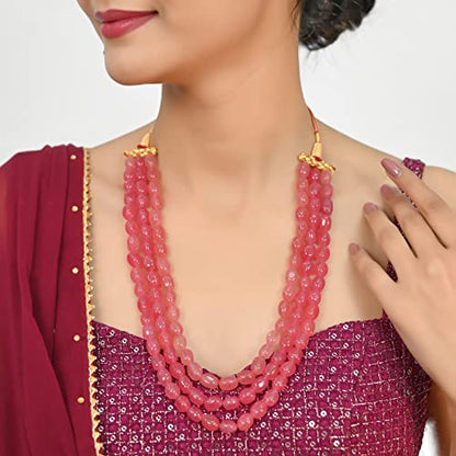 Ratnavali Jewels Quartz Multi Layer Strand Mala Beads Party Wear Necklace Jewelry Women RV3415 - color: Pink