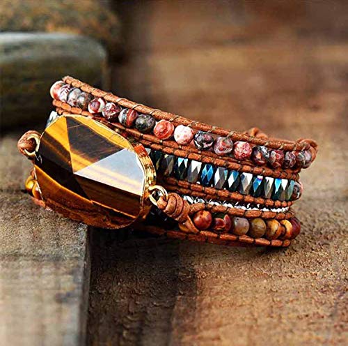 Boho Wrap Bracelet for Women, Handmade Natural Imperial Jasper Multi-Layer Stone Beaded Bracelet, Bohemian Healing Crystal Stone Jewelry Gifts - color: Tiger Eye