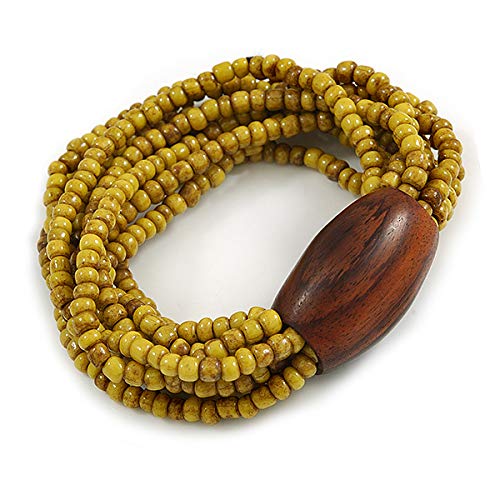 Avalaya Multistrand Dusty Yellow Glass Bead with Brown Wooden Bead Flex Bracelet - Medium