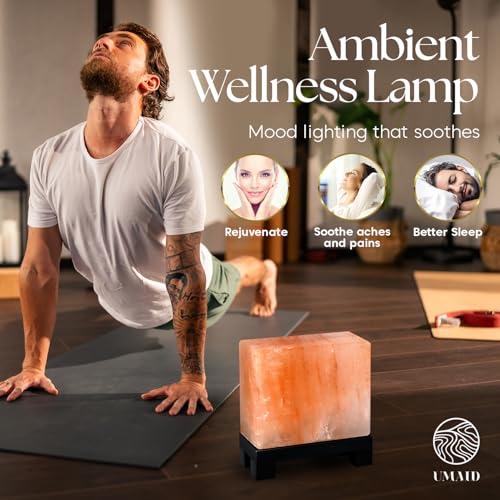 UMAID Himalayan Salt Lamp Rectangle, Natural Pink Rock Salt Lamp on Modern Wood Base with Night Light Bulb and Dimmable Cord, Spa Decor, Salt Massage Stones Ambiance, Meditation Accessories Decor Gift - style: Modern Rectangle