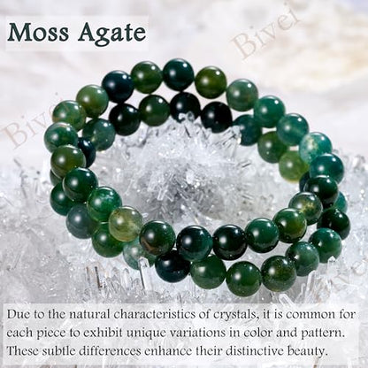 Bivei 8mm Beaded Bracelets for Women Handmade Semi Precious Natural Stone Stretch Elastic Jewelry Yoga Protection Gifts - color: Moss Agate - Growth, size: Small 6.5-6.7 inch