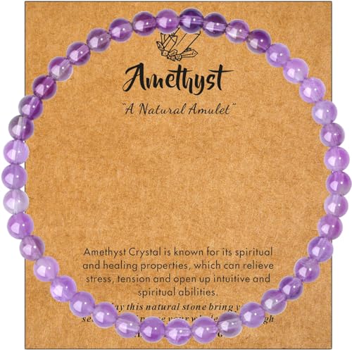 MAIBAOTA Healing Crystal Bracelet for Women Men, 8/4 mm Natural Stone Beaded Bracelets, Jewelry Birthday Gifts, Round Gemstones Stretch Bracelets - color: Purple-Amethyst, size: 4 mm