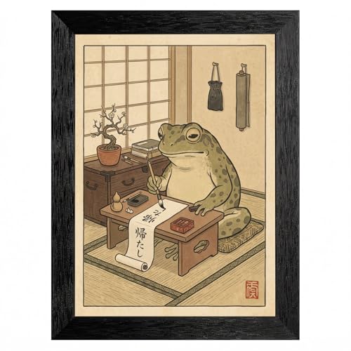 Whimsical Toad Calligraphy Japanese Woodblock Style Framed Wall Art, Modern Ukiyo-e Art Print in Premium Black Frame, Earth Tones Zen Decor - Ready to Hang - 8x10 Inch