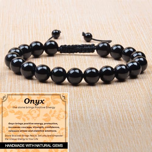 MASSIVE BEADS Handmade Yoga Natural Stone Crystal Healing Power Energy Gifts for Unisex Adult Bracelet Macrame Adjustable - color: Black Onyx(Positive Energy), size: 10mm