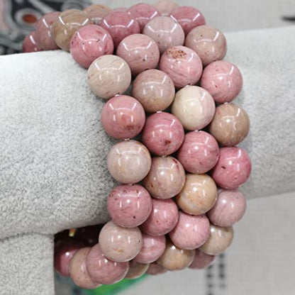 Keleny Semi Precious Stones Natural Gemstones 12mm Round Beads Crystal Stretch Bracelets 7 Inch Unisex - color: Pink Rhodonite