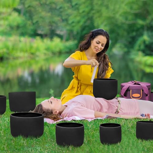 TOPFUND 6-12 inch Chakra Set of 7 Black Crystal Singing Bowls with Heavy Duty Carrying Case and Singing Bowl Mallets - color: Set of 7 Black Bowls, size: 6-12 inch