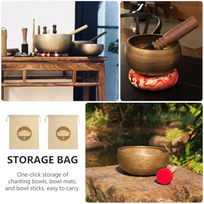 2 Pcs Buddha Sound Bowl Storage Bags with Drawstring Cotton Linen Meditation Bowl Pouches for Tibetan Singing Bowls Compact Protective Travel Carrying Pouches