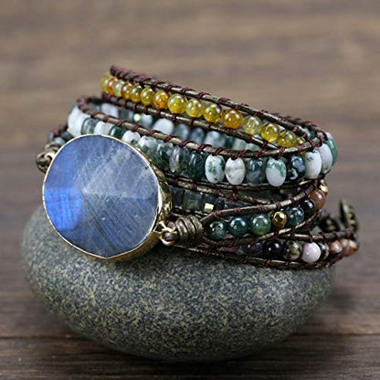 Boho Wrap Bracelet for Women, Handmade Natural Imperial Jasper Multi-Layer Stone Beaded Bracelet, Bohemian Healing Crystal Stone Jewelry Gifts - color: Labradorite