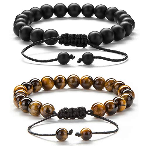 Men Women 8mm Tiger Eye Stone Beads Bracelet Elastic Natural Stone Yoga Bracelet Bangle - color: Black and Brown