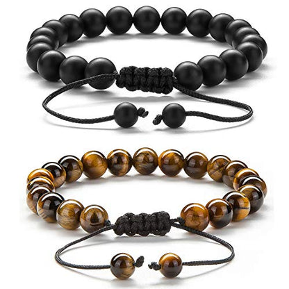 Men Women 8mm Tiger Eye Stone Beads Bracelet Elastic Natural Stone Yoga Bracelet Bangle - color: Black and Brown