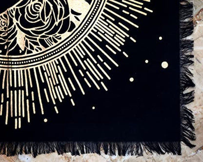 INDACORIFY Moon Altar Table Top Cloth with Fringes Alter Tarot Witchcraft Spread Meditational Spiritual Sacred Cloth 18x18 in (Gold Flower Moon Star) - color: Gold Flower Moon Star