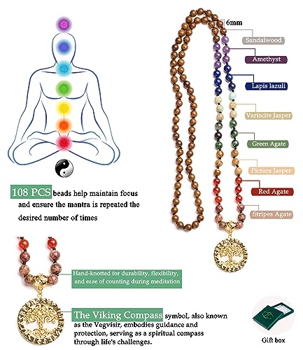 Bivei 7 Chakra 108 Mala Beads Bracelet Real Gemstone Yoga Meditation Hand Knotted Mala Prayer Bead Necklace - size: 6mm, style: Viking Compass - Wooden beads