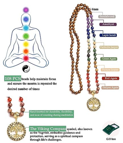 Bivei 7 Chakra 108 Mala Beads Bracelet Real Gemstone Yoga Meditation Hand Knotted Mala Prayer Bead Necklace - size: 6mm, style: Viking Compass - Wooden beads