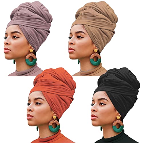XTREND 4 Pieces Stretch Jersey Head Wraps Turban African Fashion Headband Long Hair Scarf Solid Color Head Wrap Ultra Breathable Soft Turban Tie for Women (Black, Camel, Leather Powder, Orange) - color: Black, Camel, Leather Powder, Orange