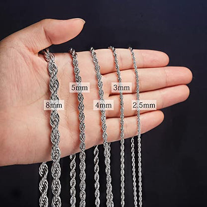 Twist Chain Necklace - Stainless Steel Rope Jewelry for Men & Women - size: 20 Inches, style: 5 mm Wide