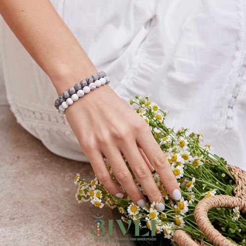 Bivei Natural Gemstone Semi Precious Healing Crystals Handmade Stretchy Round Beads Bracelet,Stocking Stuffers for Women Enhance Positive Energy - color: 8mm Howlite & Picasso Jasper (Good Sleep), size: Small: 6.5-6.7 inch