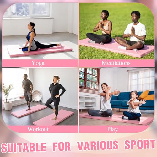 Lyrow 2 Inch 72"x24" Thick Foldable Yoga Mat with Carry Strap, Non-slip Portable Foam Gym Mat for Yoga, Pilates and Stretching - color: Peach Pink