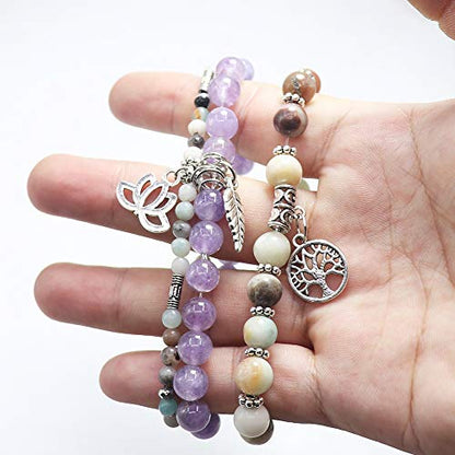 Tree of Life Yoga Healing Stone Bracelets,Multilayer Lotus Chakra Stone Reiki Bracelet Sets,Anxiety Crystal Natural Stone,for Women Stress Relief - style: Amazon stone + Amethyst