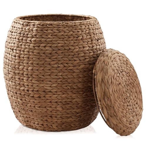 Casafield Round Storage Basket with Lid - Cinnamon, Handwoven Water Hyacinth Organizer for Laundry, Blankets, Plants, Bedroom, Living Room, Office