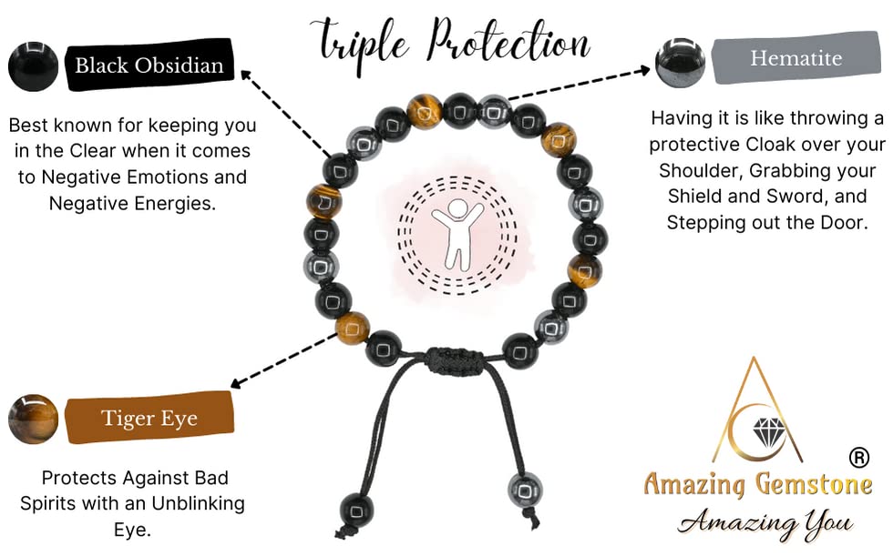 Amazing Gemstone Triple Protection Bracelet - Hematite Black Obsidian Tiger Eye Bracelet Set for Men Women Healing Calming Anxiety Stress Relief Gifts (Adjustable) - color: Triple Protection