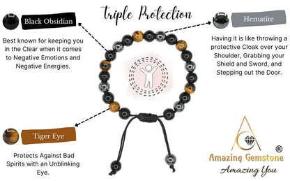 Amazing Gemstone Triple Protection Bracelet - Hematite Black Obsidian Tiger Eye Bracelet Set for Men Women Healing Calming Anxiety Stress Relief Gifts (Adjustable) - color: Triple Protection