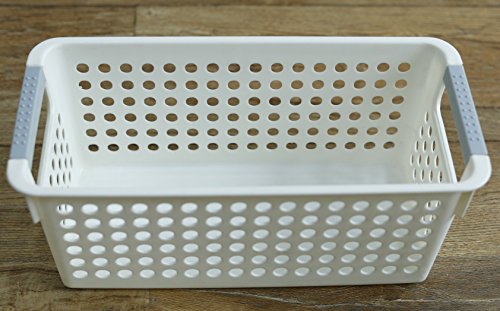 Basicwise Rectangular Plastic Storage Basket with Easy-Grip Handles Ventilated Organizer Bin for Bathroom Pantry Closet Laundry Kitchen Shelves Countertops and Home Organization Essentials, White - size: 1