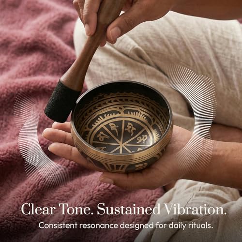 Silent Mind Tibetan Singing Bowl Set – Easy to Play & Beginner Friendly Meditation Bowl with Cushion & Mallet | Stress Relief & Mindfulness | Gift-Ready - color: Antique Light Brown, size: Without Case
