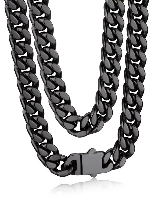 Bandmax Mens Stainless Steel Chain Necklaces 5MM/7MM/9MM/12MM Chunky Miami Cuban Link Chain Necklace Silver/Gold Plated/Black Chains for Men 18"-30" - color: 09 9MM-Black Plated, size: 28 Inch (71cm, Long)