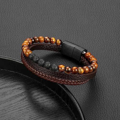 Bracelets for Men - Lava Rock Stone Tiger Eye Bead Bracelet for Men Black Mens Leather Bracelets Mens Anxiety Bracelet Leather Mens Bracelet Leather Bracelet for Mens Jewelry Men Gifts for Dad Husband