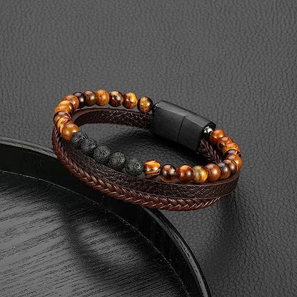 Bracelets for Men - Lava Rock Stone Tiger Eye Bead Bracelet for Men Black Mens Leather Bracelets Mens Anxiety Bracelet Leather Mens Bracelet Leather Bracelet for Mens Jewelry Men Gifts for Dad Husband