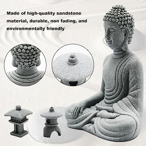 Hoypeyfiy Mini Buddha Statue Set with Stone Lantern, Zen Garden Accessories Sitting Buddha Figurine for Home Decor, Patio Yard Garden, Terrarium, Micro Landscape Decoration