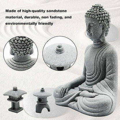 Hoypeyfiy Mini Buddha Statue Set with Stone Lantern, Zen Garden Accessories Sitting Buddha Figurine for Home Decor, Patio Yard Garden, Terrarium, Micro Landscape Decoration