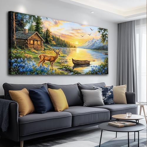 WLWBINTING large deer wall art Lake Farmhouse Canvas Wall Art For Living Room Bedroom Office Cottage Core Wall Decor Forest Scenery Painting Wooden House Picture Artwork Home Decor Mural - color: Deer In Forest Painting, size: 40"L x 20"W