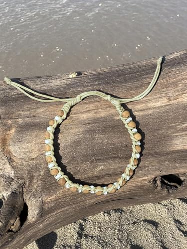 BlueRica Handmade Macrame Bracelet, Wood and Puka Shell Beads, Adjustable, Black Cord, Unisex - style: Natural & Small Beads