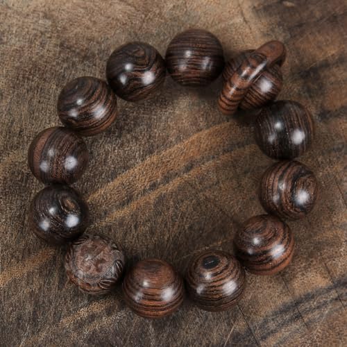 Handcrafted Neutral 12 Beads Natural Sandalwood Prayer Bead Chain Wrist Meditation Star Ring Circular Stress Relief bracelet Rosary Beads for men and women - color: Tiger print sandalwood