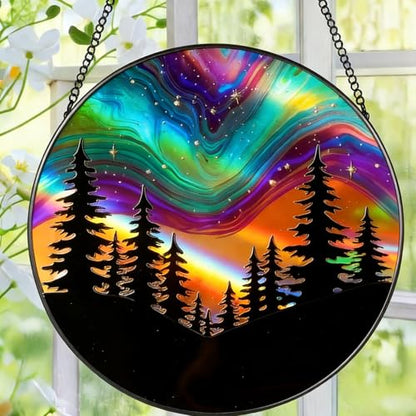 Aurora Forest Stained Glass Suncatcher – Northern Lights Window Hanging, Handmade Round Sun Catcher for Bedroom, Meditation Room, Nature Lover Gift & Winter Home Decor