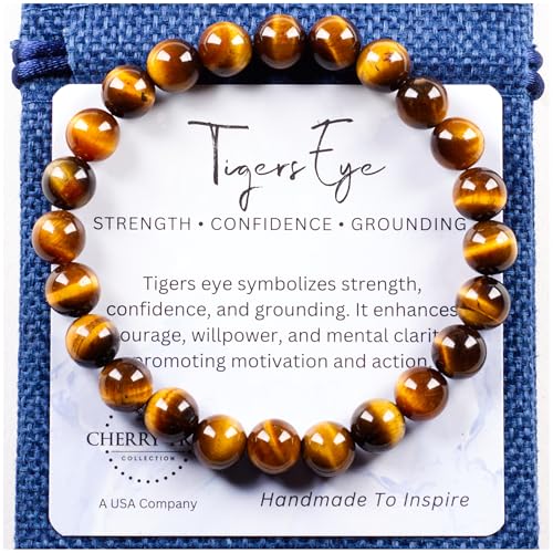 Cherry Tree Collection – Handmade Crystal Bracelets with Black Obsidian, Tiger’s Eye and 6 Other Gemstones for Men & Women – 8mm Beaded Bracelet for Healing, Protection & Positive Energy–Sizes S/M/L - color: Tiger's Eye - AAA Grade, size: Large