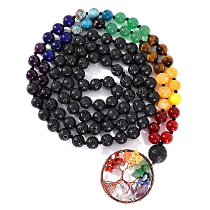 Bivei 108 Mala Beads Necklace Life Tree 7 Chakra Wrap Bracelet Real Healing Gemstone Yoga Meditation Hand Knotted Mala Prayer Bead Necklace - color: Lava Rock Stone, size: 8mm