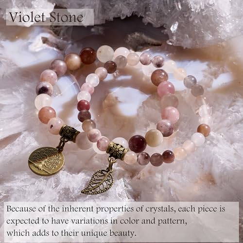 Bivei Natural Semi Precious Gemstone beads bracelet for women - Life Tree and Leaf Charm Energy Reiki Crystal Stretch Bracelets - color: Violet Stone Bracelet Set, size: Medium:6.8-7.24inch