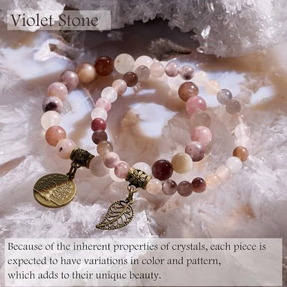 Bivei Natural Semi Precious Gemstone beads bracelet for women - Life Tree and Leaf Charm Energy Reiki Crystal Stretch Bracelets - color: Violet Stone Bracelet Set, size: Medium:6.8-7.24inch
