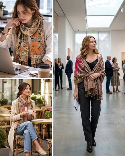 Achillea Elegant Paisley Floral Pashmina Shawl and Wrap – Boho Rave Scarf for Festival, Travel & Everyday Wear - color: Olive Rose
