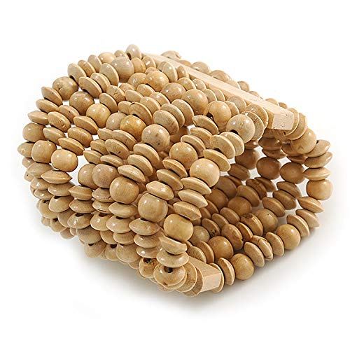 Avalaya Wide Wooden Bead Flex Bracelet In Natural - 19cm L - Adjustable